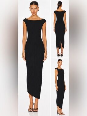 Miou Muse Ribbed Off-Shoulder Midi Dress Medium | Black | Stretch Knit